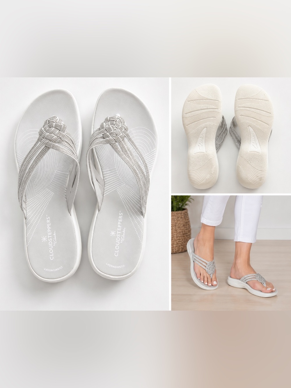 Clarks Cloudsteppers Rhinestone Comfort Slide Sandals Silver Size 8
